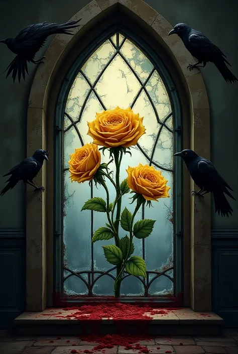  Make the cover of the elegant concept art title book in the center : The Broken Mansion .  With a stained glass window of cracks and golden roses with thorns coming out of the cracks and stained with blood,  and elements like crows 