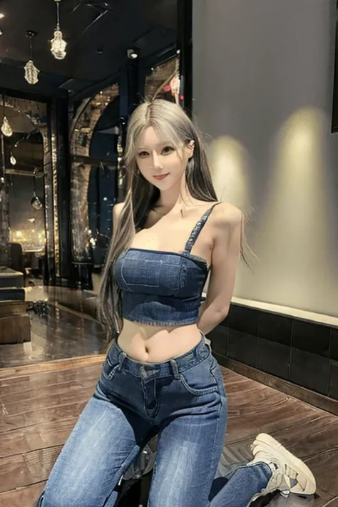 ((Fullbody))，(masterpiece)，(details)，girl，denim trousers，(skinny jeans)，(low rise jeans), (Revealing the groin ), Backless，Sexy，Smile，Kneeling, Show your butt