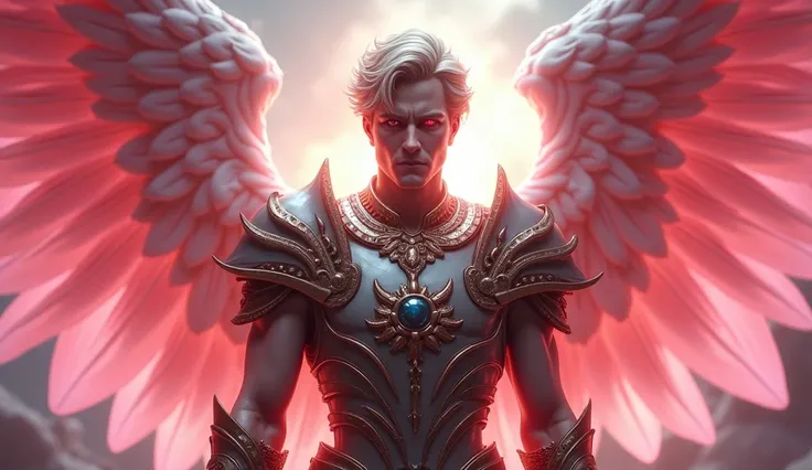 um personagem masculino, anjo olhos vermelhos e um sorriso debochado , imagem celestial, detalhes intricados, realista, PINK and big wings, fundo angelical, l, Male character of the Bible, Michael is wearing his angelic armor, cosmic background, Illuminati...