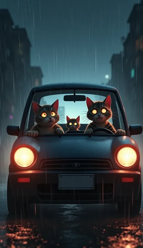 Realiste , An anthropomorphic family of three gray cats with white stripes inside a car, just moments before a collision. The scene shows the two parents in the front seats and the young kitten in the back, all with expressions of terror as bright headligh...