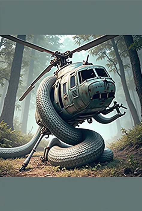 image of an abandoned helicopter rusting in the forest wrapped around a python pattern, realistic, 8k, full body.