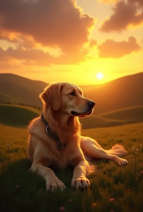 A Golden dog lying on the grass looking at the sunset