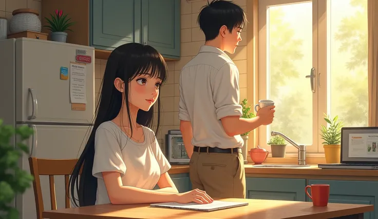 Imagine a beautiful woman with long straight black hair sitting at a kitchen table in a modest house ,  a handsome man with straight black hair wearing mechanical engineer clothes standing drinking coffee on a sunny day. Drawing Format