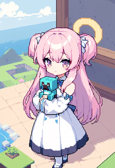 (masterpiece best quality:1.3,  pixel art:1.8,  and minecraft ,  and minecraft の世界観, 1girl, pink fluffy hair, ram&#39;s horn, th...