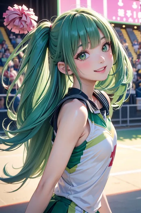 ( BEST QUALITY , Hi-Res,8k,inelity detailed background, Masterpiece:1.2), Beautiful Girl,(Shiny green hair:1.3),(long hair:1.2),twin tail,Beautiful green eyes,cheerleader,(Under bobs :1.2),Stadium,support,Gentle look,A refreshing look,Best quality, BEST QU...