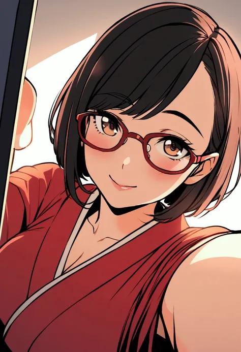 1 woman, selfie perspective, both hands selfie, glasses, boobs, kimono, short hair.