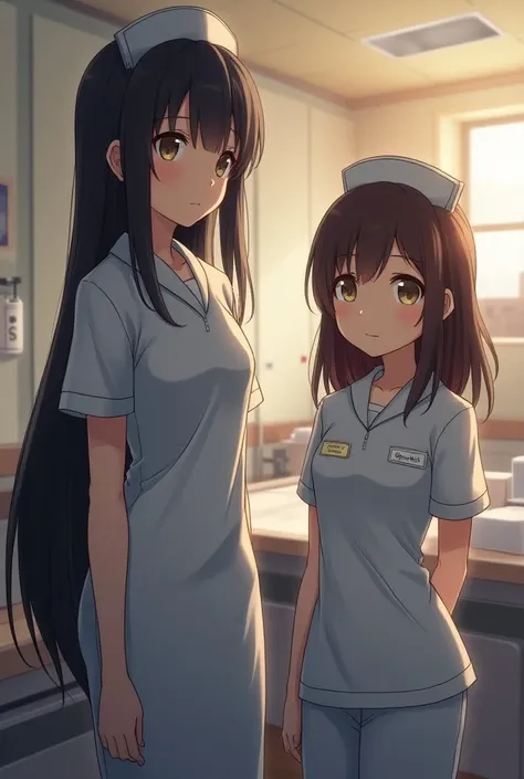  two young girls who are nursing students one of them have black hair and thin and tall
And another have brown hair and fat and short