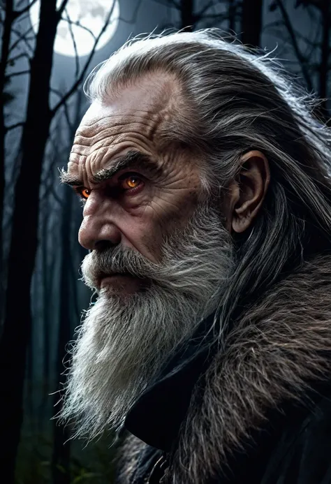 Profile of an old man , Dark face, homem big bad wof humano, bearded, , WILL DO,  thick hairy eyebrows , Long fangs ,  long hair rowdy widows peak ,  hyper realistic light reddish brown eyes,  pointed furry ears , forest,  very dark night , full moon backg...