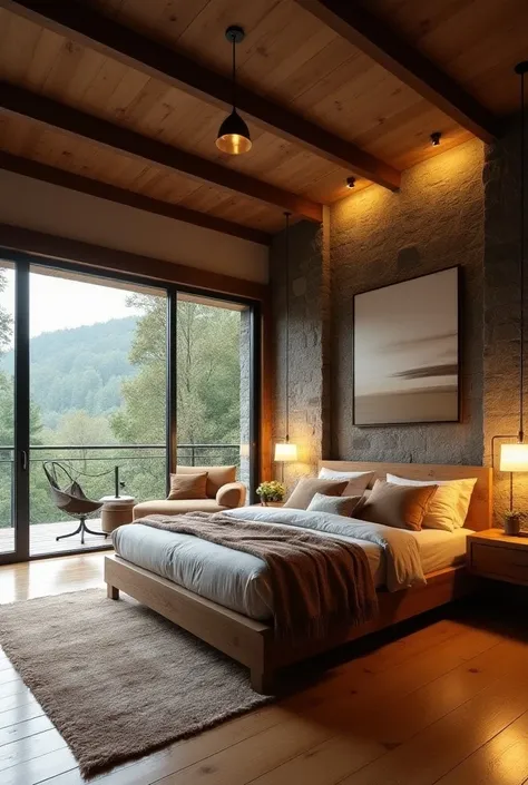 Modern bedroom design project in rustic style 