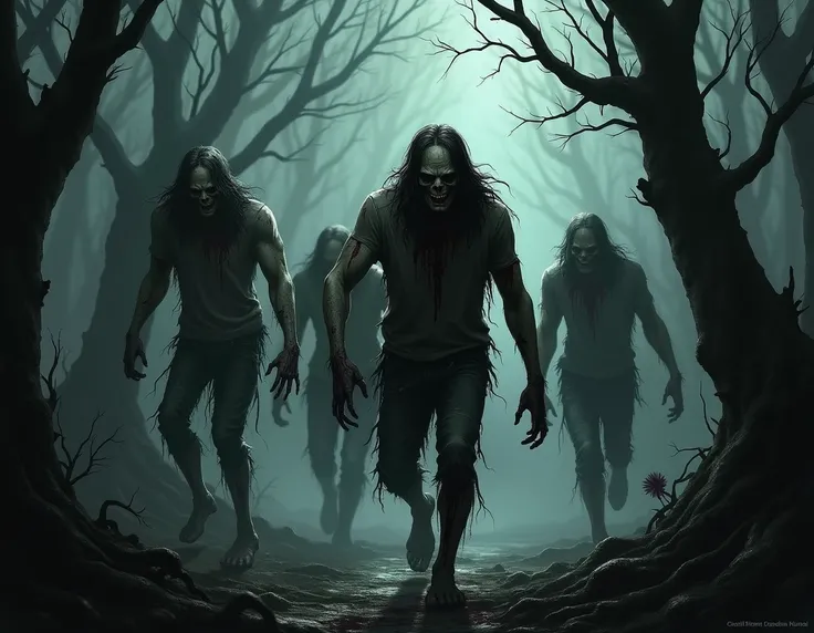 Zombies walking in the middle of the dark forest