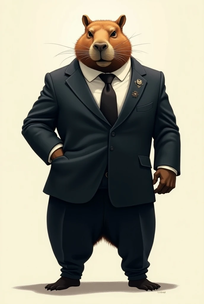 Drawing of a strong and angry capybara in a suit 