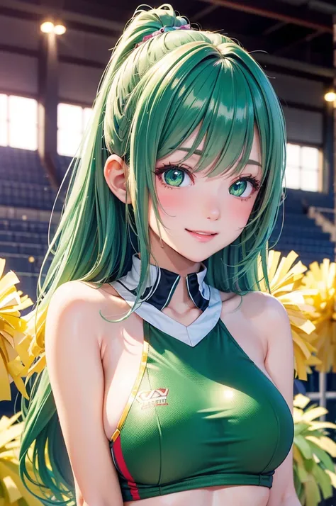 ( BEST QUALITY , Hi-Res,8k,inelity detailed background, Masterpiece:1.2), Beautiful Girl,(Shiny green hair:1.3),(long hair:1.2),twin tail,Beautiful green eyes,cheerleader,Big Breasts,(Under bobs :1.2),Stadium,support,Gentle look,A refreshing look,Best qual...