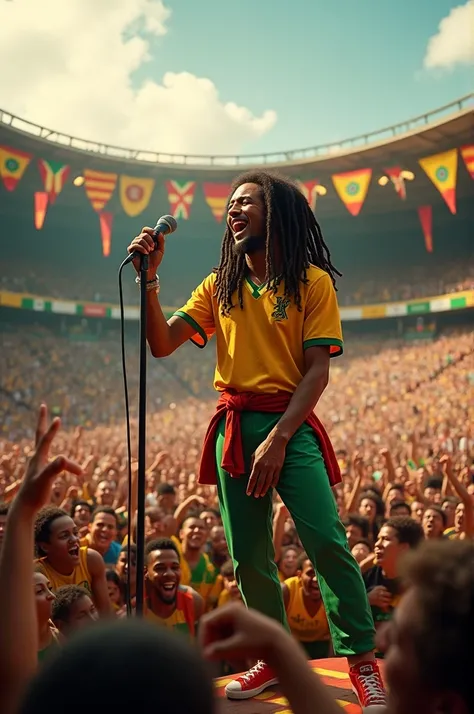 Bob Marley in a soccer stadium 