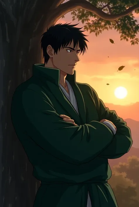 a serious-looking and imposing ninja,  with short dark hair .  He is leaning against a large tree ,  with his arms crossed and his eyes closed ,  transmitting a serene and focused expression ,  as if he were reflecting on a strategy or waiting for the righ...