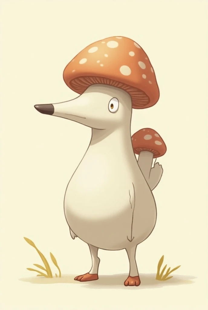 Pokémon, 2D, white ant-eater, big white eyes, mushroom on his back, walking on two legs, mushroom hat.