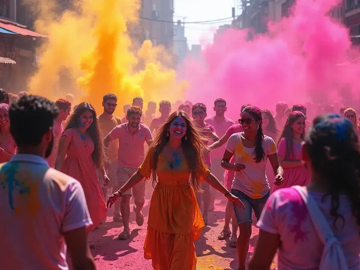 Holi Colorful festival of colored paints of powders and dust. People covered with colored powder rejoice celebrate and dance. Holiday bright colors for the entertainment of people