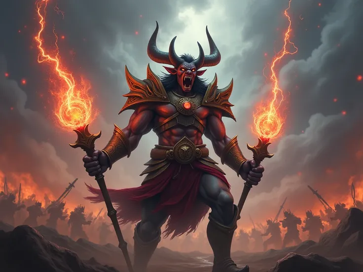 A demonic figure dressed in armor, holding lightning magic staffs and roaring with an open mouth. The background depicts an ancient battlefield, surrounded by thunderous war effects. The figure has dark skin, long horns on the head, sharp eyes, and a full-...