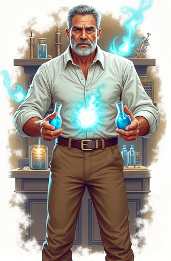 50 years  old achemist, brown pants, white shirt, holding 2 blue vials