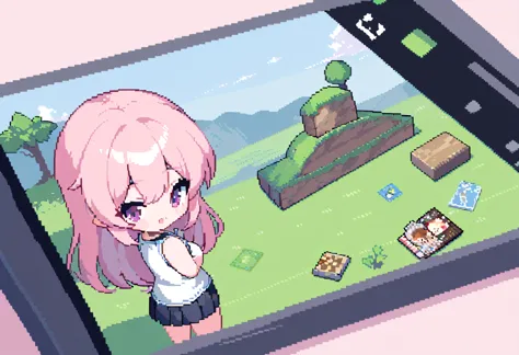 (Masterpiece Best Quality:1.3,  pixel art:1.8,  and Minecraft ,  and Minecraft の世界観, 1girl, Pink fluffy hair, Ram&#39;s horn, Thick eyebrows,  pink dress,  sky blue cardigan,  brown boots , Building a wooden house , grassland, Earth like a block, Voxel:1.3, ((UHD:1.4, high details:1.4,  highres icon, accurate))