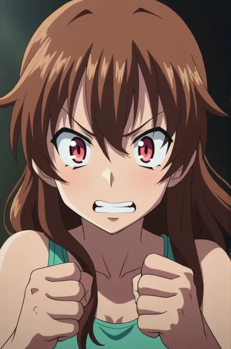  Screenshot of the anime Tokyo Revengers pale white skinned girl with slanted pastel pink eyes ,  long wavy brown hair 
Body language 

- Eyes burning with anger ,  with pupils reduced to fine lines .
 - Pursed eyebrows ,  forming a severe line .
 - Tight ...