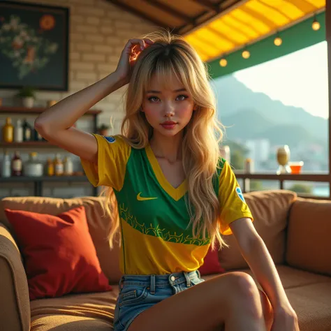  Korean woman with a realistic face ,  oily brown and shiny skin     , Oriental black eyes      ,  Voluminous lips with lip gloss   , long blonde hair with bangs,  wearing a green and yellow Brazilian national team jersey and denim shorts , Running her han...