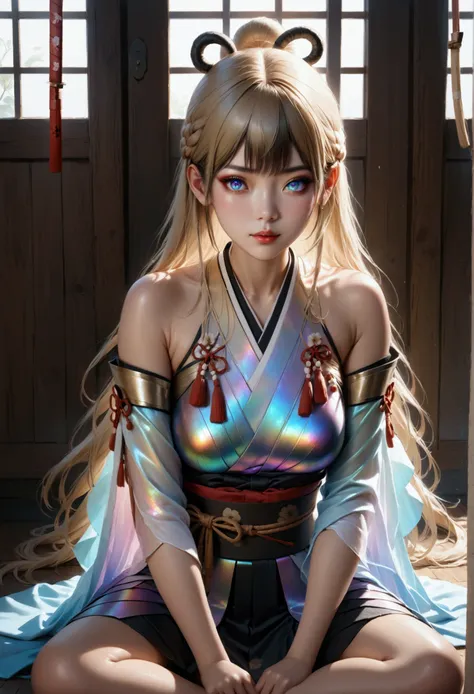 1youngwoman,mahiru shiina,Long smooth straight light golden hair, iridescent eyes,aesthetic body,sitting in skimpy samurai clothes.masterpiece, super detail,detailed eyes, best quality, 8k,realistic