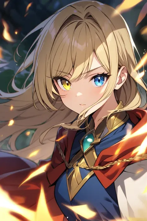 girl,  blond hair, Noble Mage,  eyes with heterochromia green and blue 