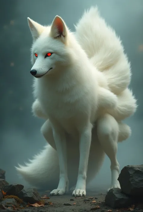 A giant nine-tailed fox with white and red eyes
