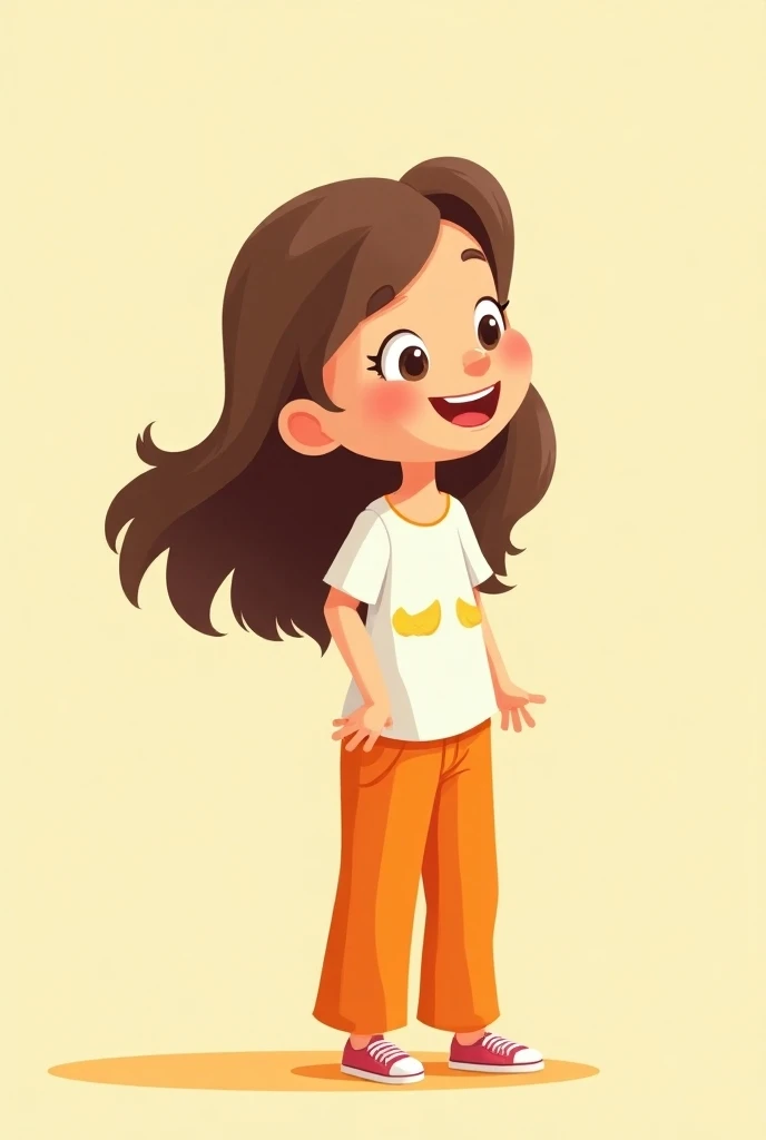 una niña feliz mirando a un lado, cartoon illustration, Brown haired girl, rens book illustration ,  a girl with long brown hair and orange pants, on the floor, cartoon style illustration ,  digital illustration,  flat illustration , big view