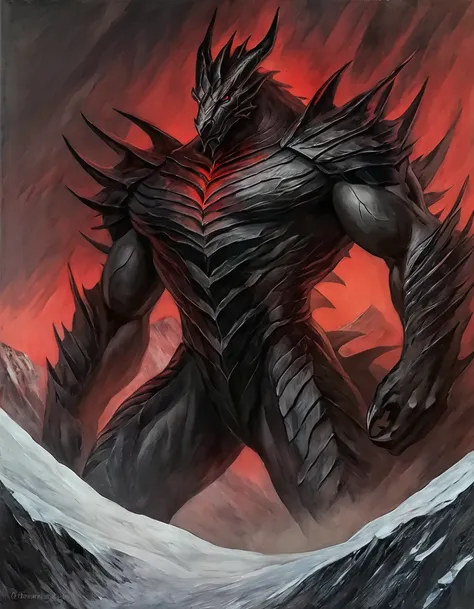 Portrait of the chest and head of a tall and muscular male anthropoid dragon, wings, body black, conceptual art, masterpiece, big black body, high quality, red eyes, looks at the viewer, evil look, Against the backdrop of Antarctica. masterpiece quality. 