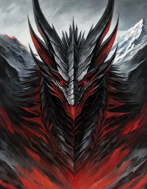 Portrait of the chest and head of a tall and muscular male anthropoid dragon, wings, body black, conceptual art, masterpiece, big black body, high quality, red eyes, looks at the viewer, evil look, Against the backdrop of Antarctica. masterpiece quality. 