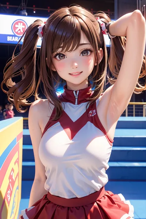 ( BEST QUALITY , Hi-Res,8k,inelity detailed background, Masterpiece:1.2), Beautiful Girl,(Shiny brown hair:1.3),(long hair:1.2),twin tail, Beautiful Brown Eyes ,cheerleader,Big Breasts,(Under bobs :1.2),from below,Stadium,support,Gentle look,A refreshing l...