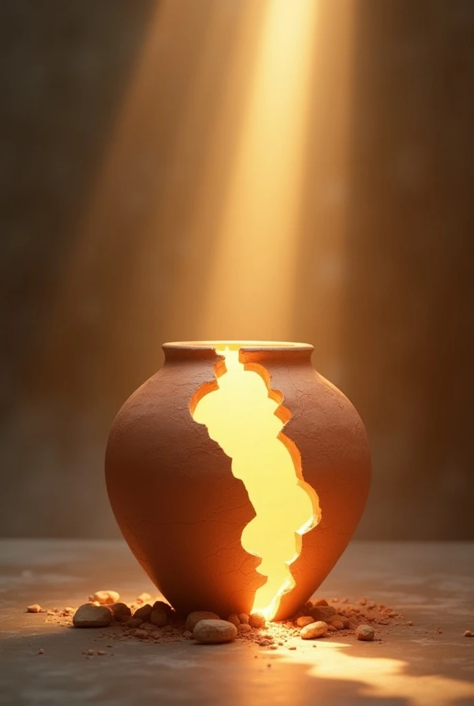 Bright light shining through broken clay  vase 