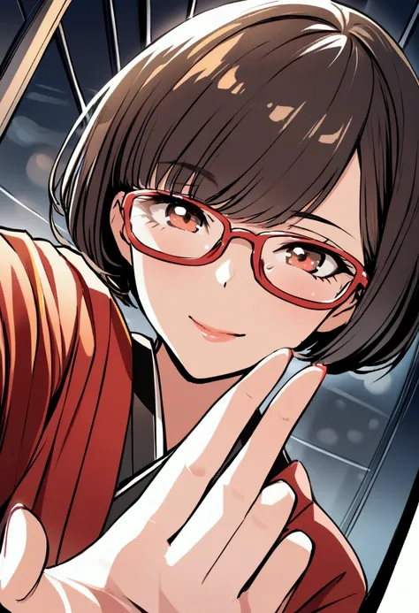 1 woman, selfie perspective, one hands selfie, glasses, kimono, short hair.