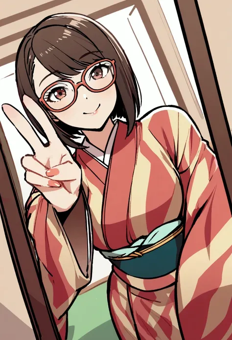 1 woman, selfie perspective, one hands selfie, glasses, kimono, short hair.