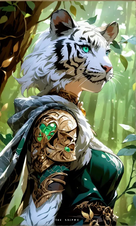 Portrait of Líria, a 21-year-old anthropomorphic white tigress, set in a forest scene. She has the full appearance of a white tigress, with pure white fur and striking black stripes in elegant patterns. Her eyes are deep blue, like sapphires, expressive an...