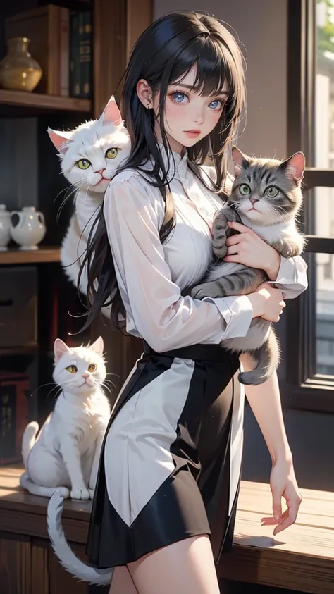  black hair, elegant Himalayan cat in her arms (The cat is white except for its ears, tail and legs that are gray)