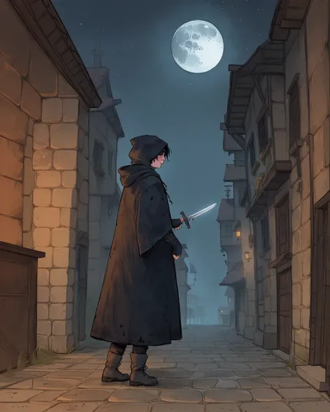 wh33z13, 1girl, thief, short black hair, dressed in leather, long dagger, assassin, hooded cloak, cloak over head, late teen, young, dirty skin, dirty clothing, standing in medieval town at night, moon in back, dark night, midnight, 