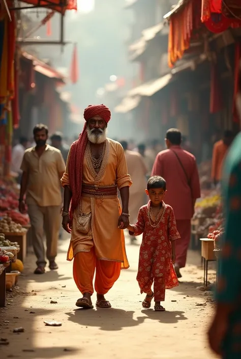 "A wealthy Indian merchant in traditional attire walking through a bustling market during the day. He is accompanied by his  son, holding his hand. The scene behind them shows a vibrant Indian market with various stalls and people around. In the background...