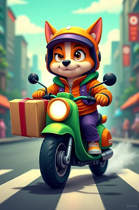 Make an image of a motoboy dog taking a delivery , Using the colors green , purple and orange,  the dog must blink an eye and make a wheel with one hand 