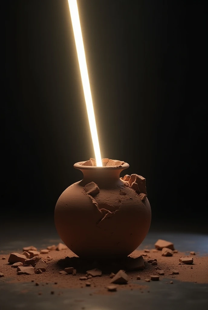 Bright light shooting through a broken clay  vase 