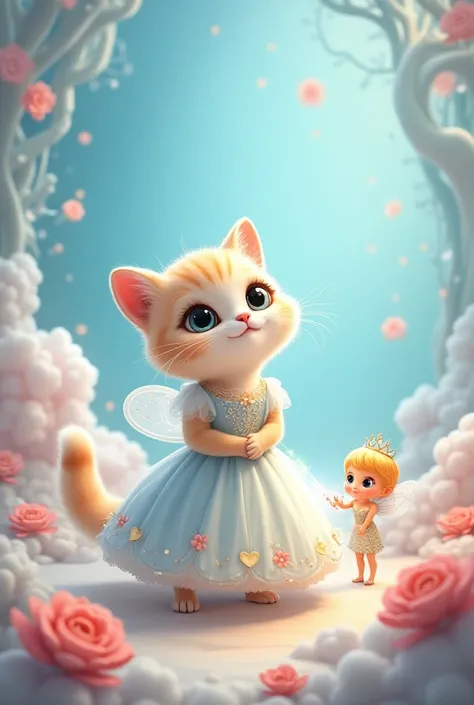 a cute cartoon cat dressed as Cinderella with a fairy holding wand standing by her side