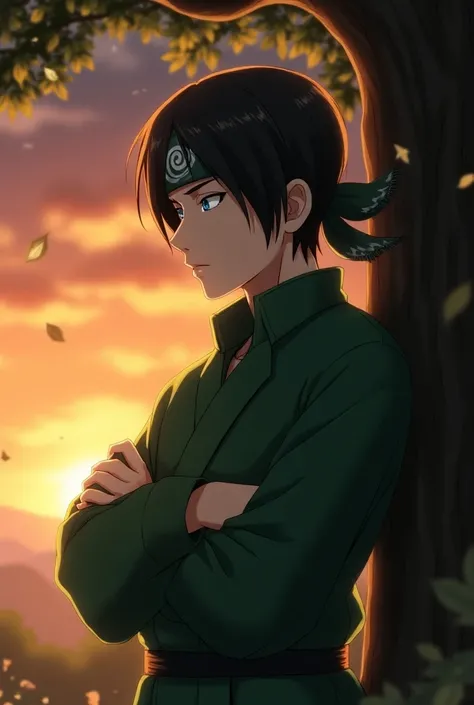  The image shows a ninja looking serious and imposing ,  with short dark hair .  He is leaning against a large tree ,  with his arms crossed and his eyes closed ,  transmitting a serene and focused expression ,  as if he were reflecting on a strategy or wa...