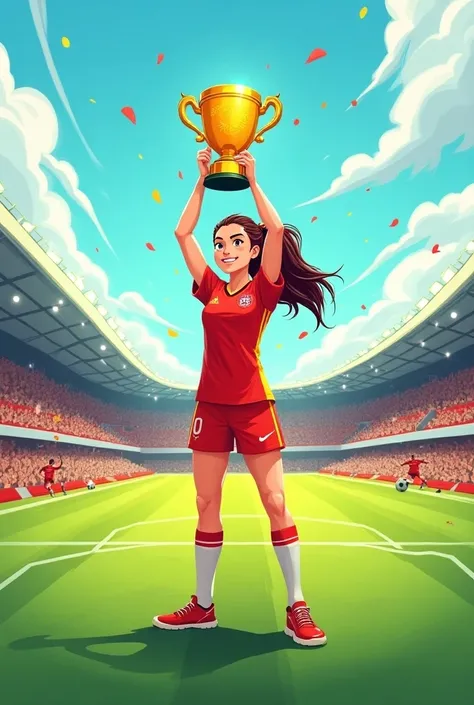 Create a cartoon of a female soccer player lifting a trophy 
