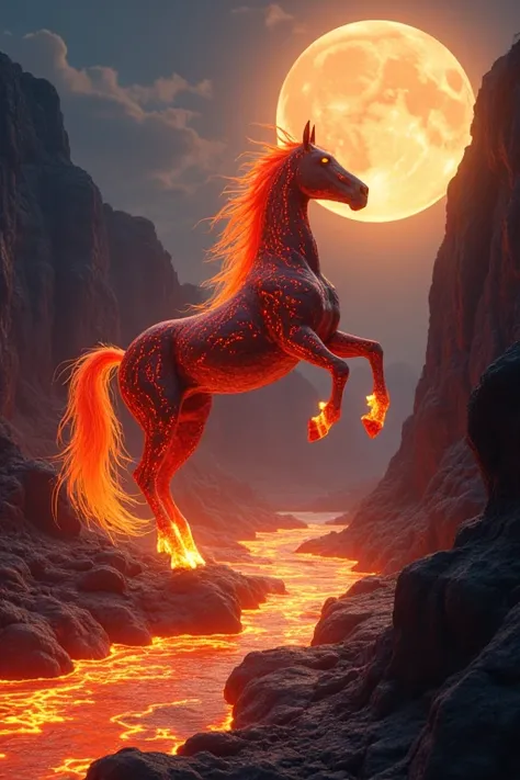 A lava horse in a rocky lava river under the full Moon looking up at the sky