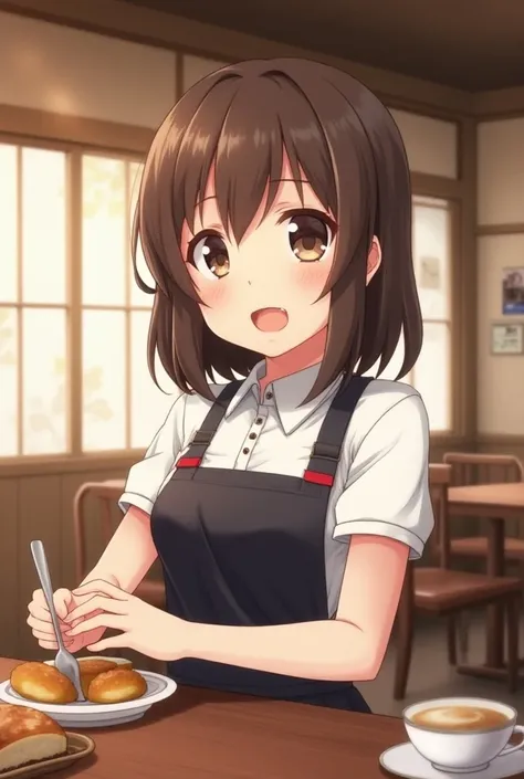 Shoulder-length brown hair manga style waitress 