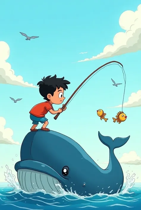 Make a comic of the boy Daniel trying to catch a little fish on top of a whale 