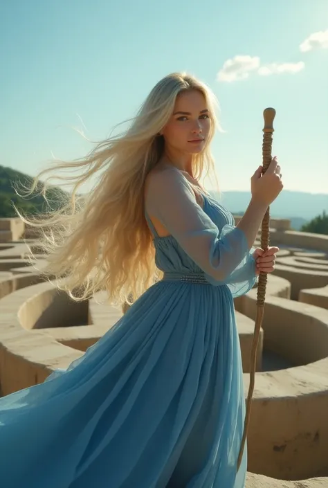 Fleur stands in front of a labyrinth under a clear sky .  Her long blond hair blows in the wind and she is wearing an elegant blue dress. She is a half-veela ,  which gives her a particularly appealing appearance .  fleur is often described as very beautif...