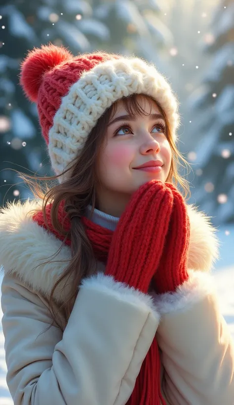 A pretty  with big eyes ,  dark blond hair gathered in a high ponytail ,  on her head is a white knitted hat with a red pompom,, white fur coat, red mittens , rejoices,  raised her head up , beautiful, colorful