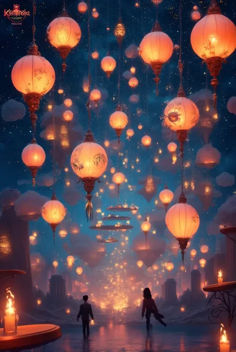   Ultra Wide Angle Detailed Surreal Many Floating Lights Floating in the Starry Sky Swing in the Sky Lantern Lights Soft Warm Fantastic Delicate Lanterns( soft glow )  Surreal Elements Bizarre Blue Glowing Volume Illumination Rich Color Levels Complex Deta...